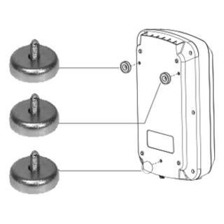 Ebenso als Sonderzubehör: Ohne Bügel ist das Aufhängen mit 3 Magneten (Artk. Nr. 803087) an einer Metallwand möglich.